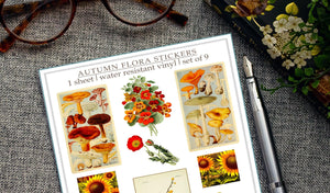 Autumn Botanical Sticker Sheet: Vintage Mushroom & Flora, Water-Resistant Vinyl