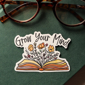 Grow Your Mind Sticker – Bookish Floral Vinyl Sticker for Readers & Book Lovers
