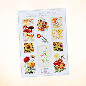 Autumn Botanical Sticker Sheet: Vintage Mushroom & Flora, Water-Resistant Vinyl