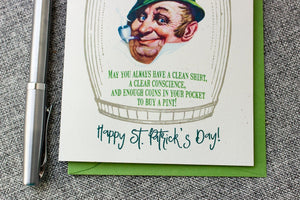 Funny St. Patrick's Day Leprechaun Card - Irish Blessing Card - St Patricks Day Greeting  -  Clean Shirt, Clear Conscience, Coins for a Pint