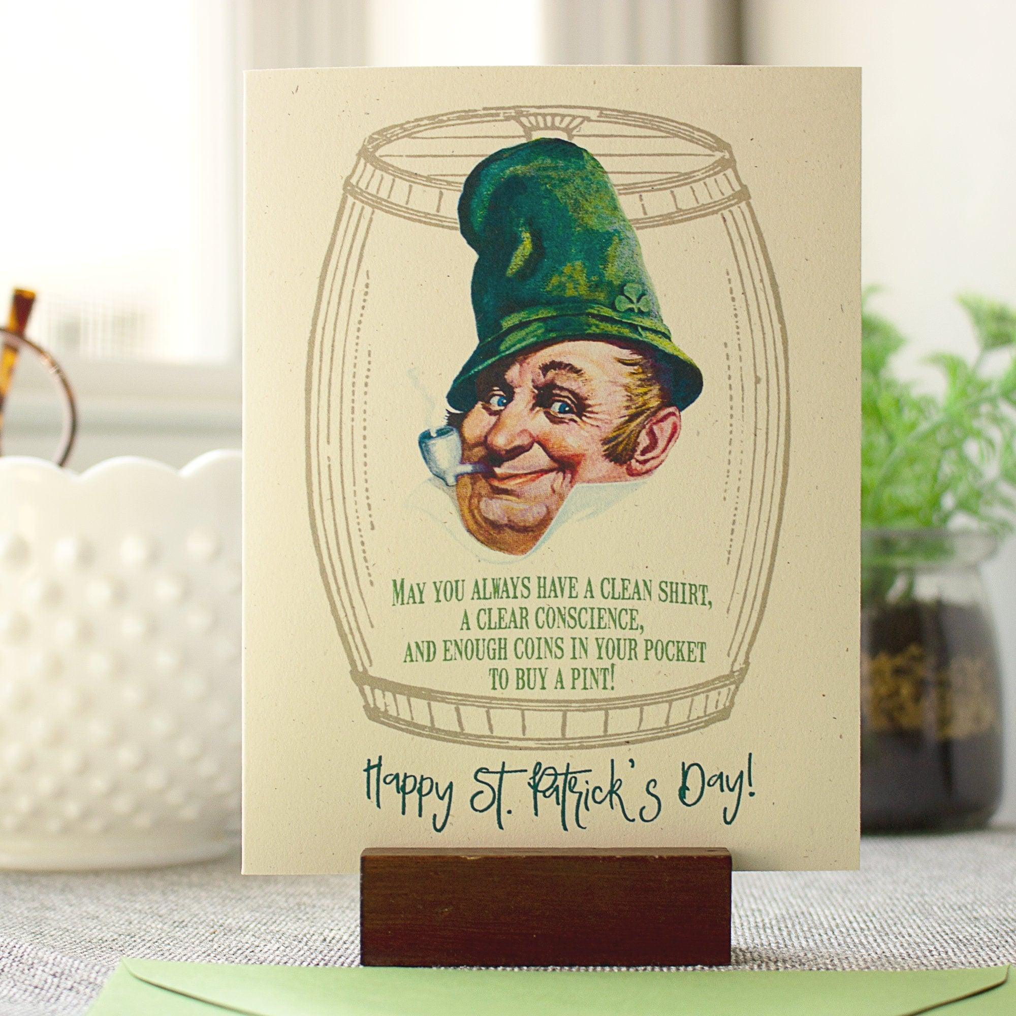 Funny St. Patrick's Day Leprechaun Card - Irish Blessing Card - St Patricks Day Greeting  -  Clean Shirt, Clear Conscience, Coins for a Pint