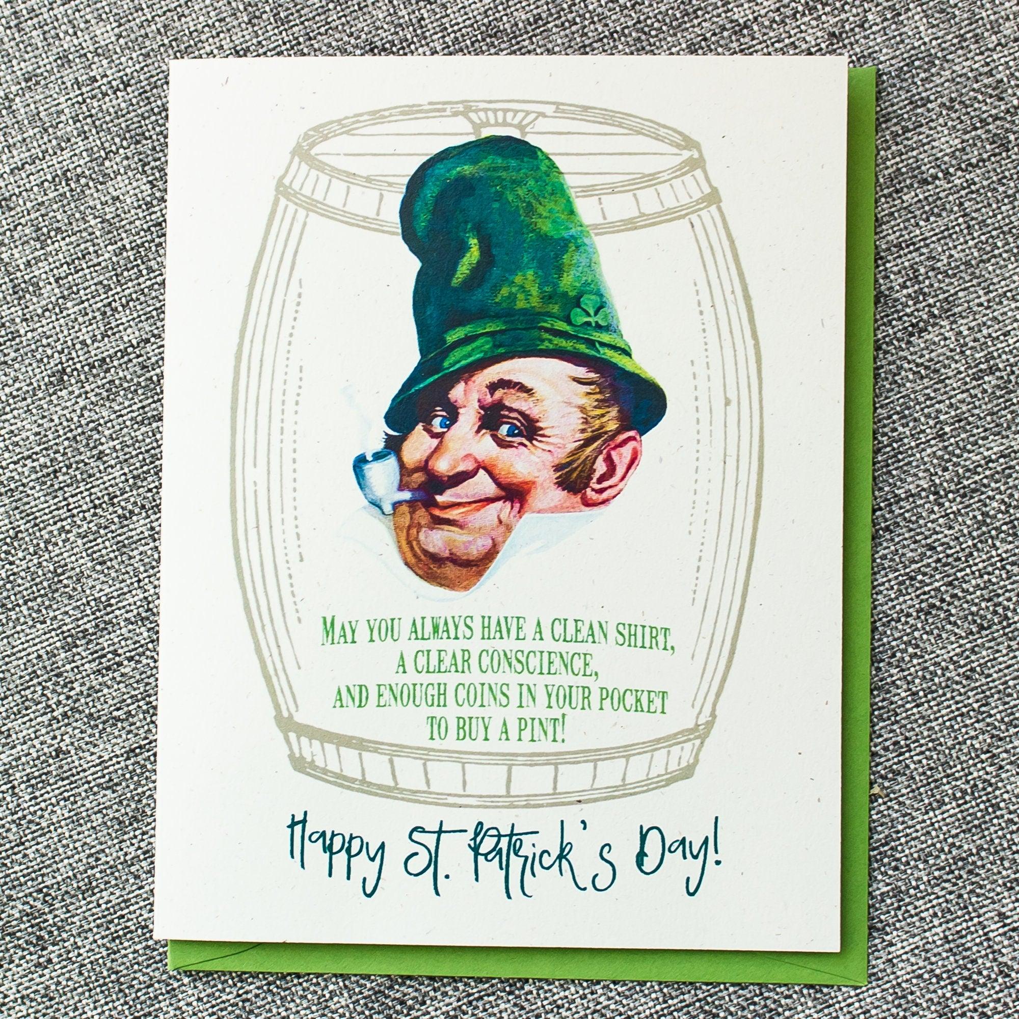 Funny St. Patrick's Day Leprechaun Card - Irish Blessing Card - St Patricks Day Greeting  -  Clean Shirt, Clear Conscience, Coins for a Pint