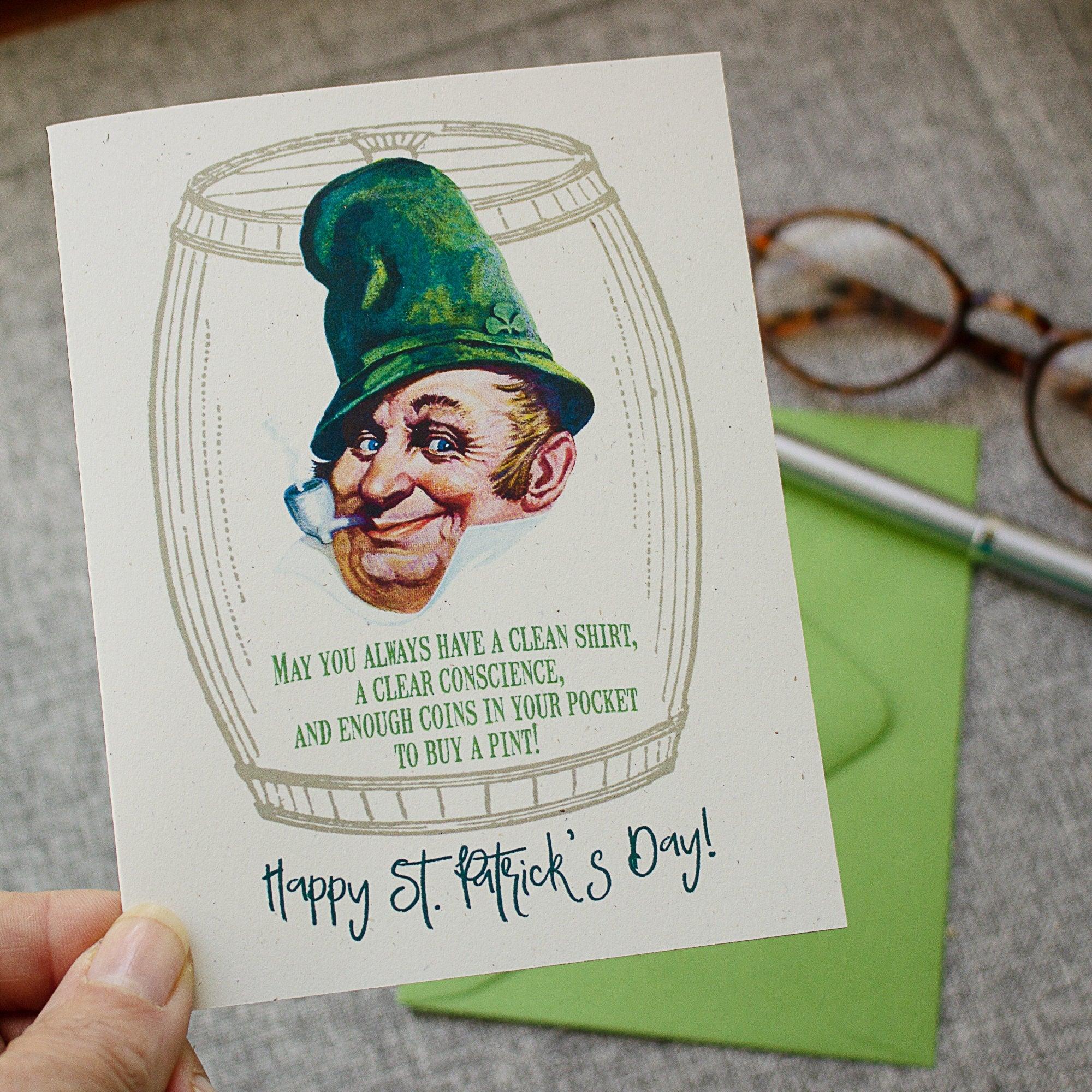 Funny St. Patrick's Day Leprechaun Card - Irish Blessing Card - St Patricks Day Greeting  -  Clean Shirt, Clear Conscience, Coins for a Pint