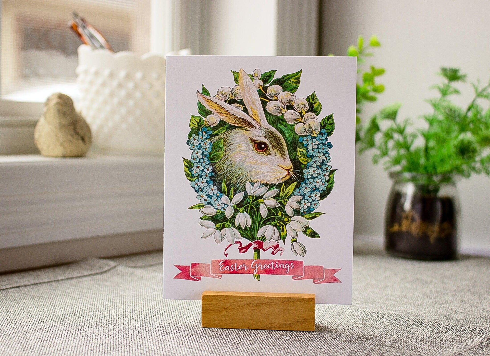 Easter Greetings Card - Floral Rabbit Easter Card - Vintage Bunny Card for Easter Baskets