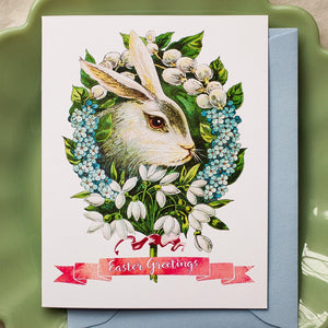 Easter Greetings Card - Floral Rabbit Easter Card - Vintage Bunny Card for Easter Baskets