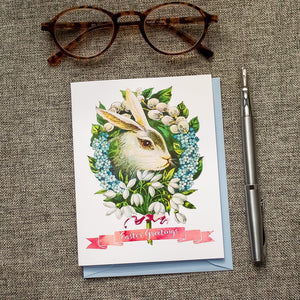 Easter Greetings Card - Floral Rabbit Easter Card - Vintage Bunny Card for Easter Baskets