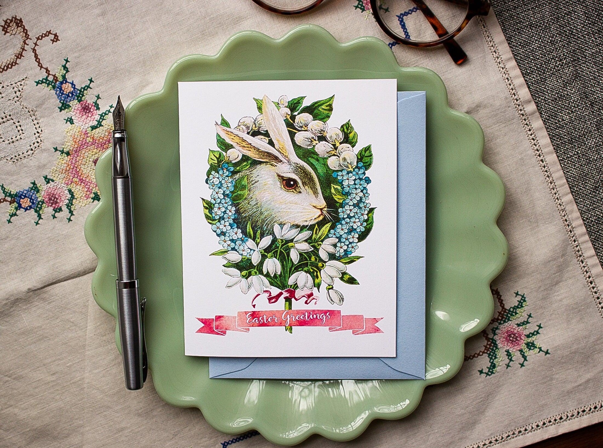 Easter Greetings Card - Floral Rabbit Easter Card - Vintage Bunny Card for Easter Baskets