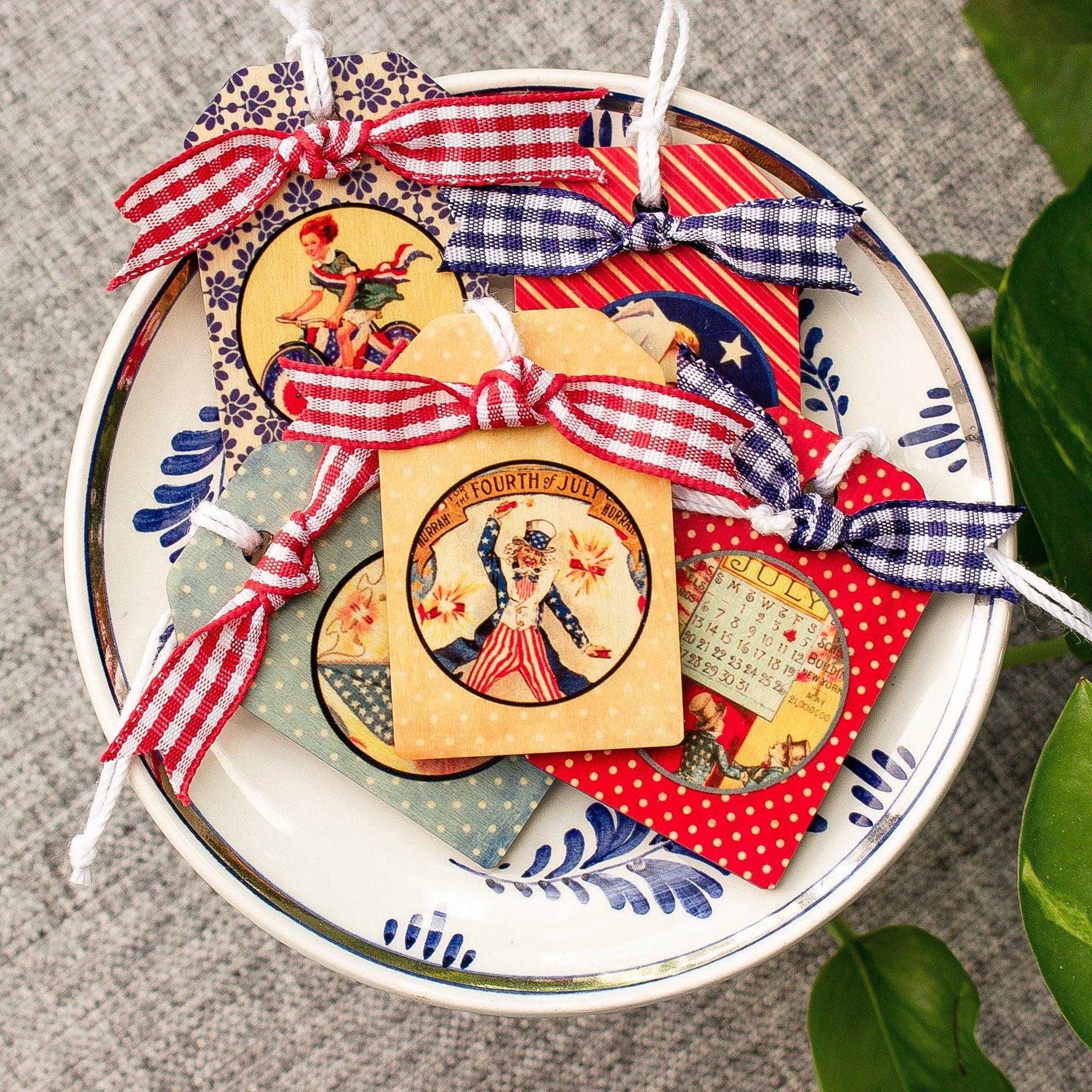 Fourth of July Americana Ornaments - Patriotic Ornaments for Miniature Tree - Set of Five - Summer Decor - Independence Day Wooden Tags