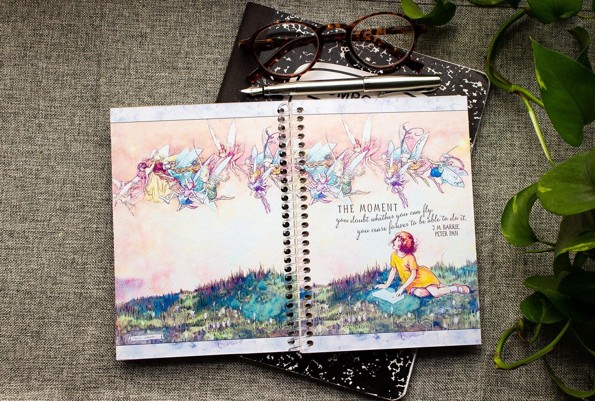 Spiral Bound Notebook - Fairies & Girl Reading Note Book - Peter Pan Quote Journal - Gift for Granddaughter - Lined and Dot Grid Pages
