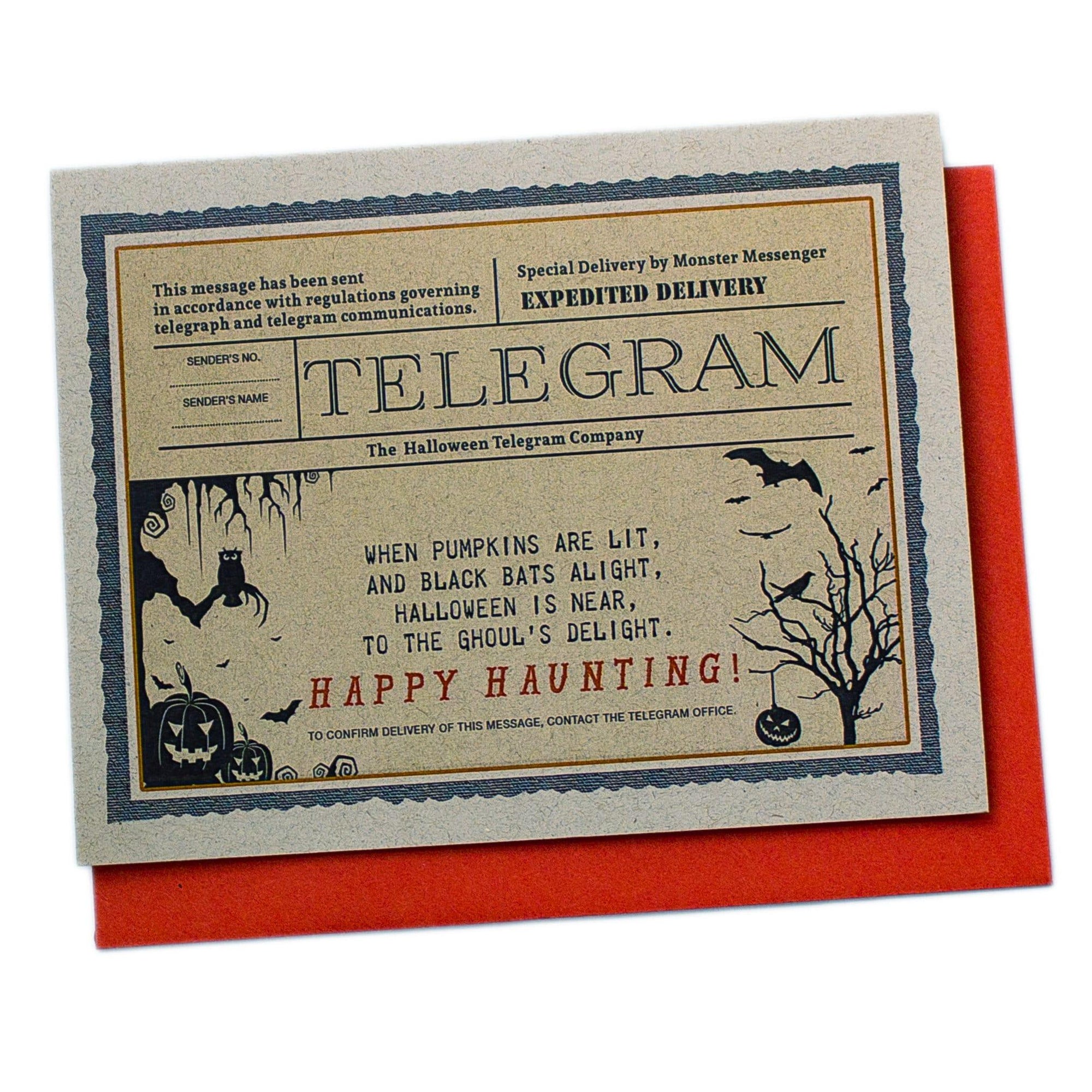 Happy Halloween Card - Halloween Telegram - Happy Haunting - Nostalgic Halloween Card - Jack o Lanterns - Owls - Bats