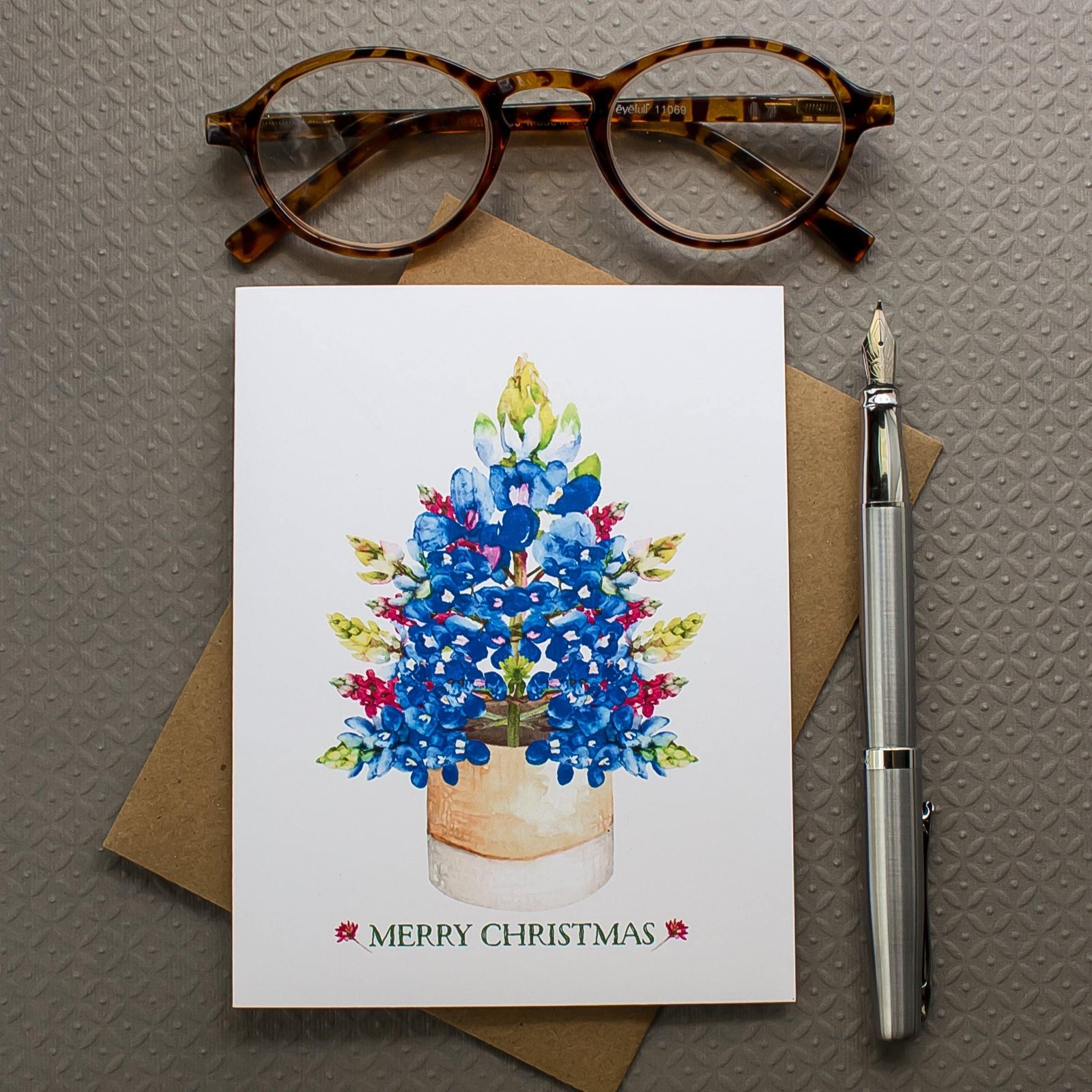 Texas Christmas Card Boxed Set, Watercolor Bluebonnet Christmas Tree - Sunshine and Ravioli
